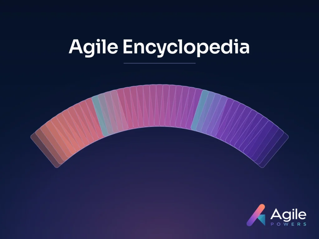 Forty translucent cards fanned in an arc from coral through orchid to deep purple, under the heading Agile Encyclopedia, with the AgilePowers logo in the corner